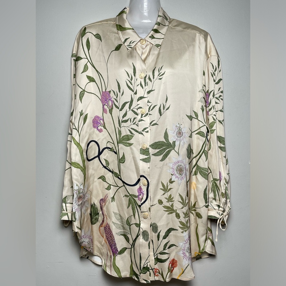 Aqua By Aqua Bendetta Cecilia Paraiso Cream Satin Button Down Shirt Top Bird S/L - Picture 2 of 10
